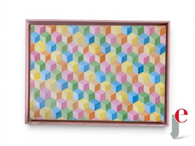 peinture abstraite représentant des cubes colorés, dans un cadre en bois accroché à un mur blanc