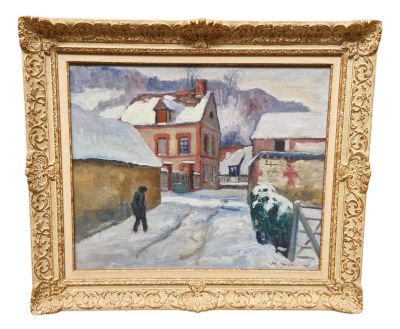 une image représentant un tableau où l'on voit un homme marchant dans une rue enneigée