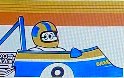 un dessin représentant un homme au volant d'une voiture de course