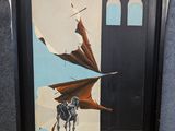 painting of a man riding a horse in front of a castle