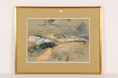 painting of a view of a town from a hill with a horse in the foreground