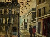 an oil painting of two people walking down a street next to tall buildings