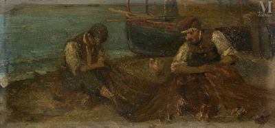painting of a couple of people sitting on a beach next to a body of water