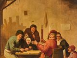 une peinture à l'huile représentant un groupe de personnes assises autour d'une table
