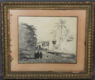 une vieille photo représentant un homme et une femme marchant sur un chemin de terre