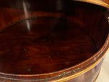 a wooden barrel that has a label on it
