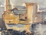 a watercolor painting of a boat in the water