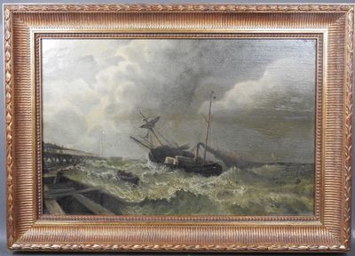 une peinture à l'huile représentant un bateau sur une mer agitée, avec un ciel nuageux en arrière-plan