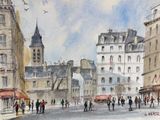 a painting of a city street with people walking on it