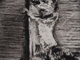 drawing of a dog sitting on a ledge with its paw on the door