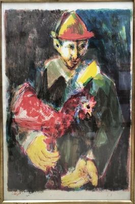 tableau représentant un homme portant un casque de pompier et tenant un gant rouge