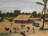 un tableau représentant un village avec des gens qui s'y promènent