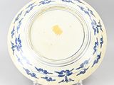 blue and white plate with a blue design on the rim