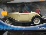 une maquette de voiture jaune dans une vitrine