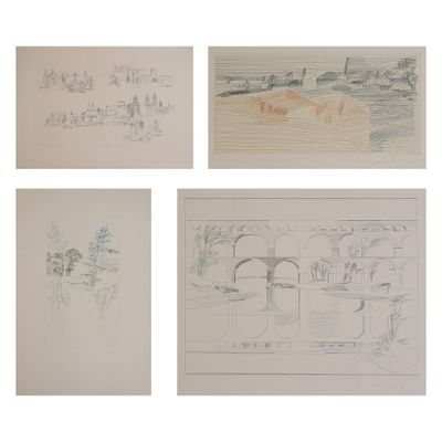 quatre dessins représentant un pont enjambant un plan d'eau