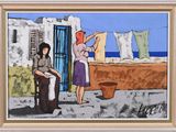 une image représentant un tableau où l'on voit une femme étendant du linge sur une corde à linge
