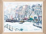 a painting of boats on the water in the snow