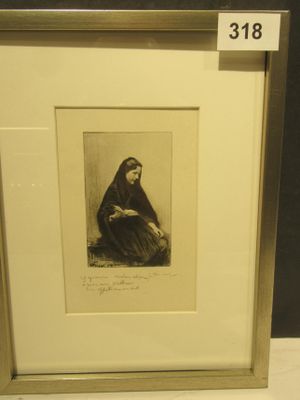 an old picture of a woman sitting in a chair with her hands on her knees