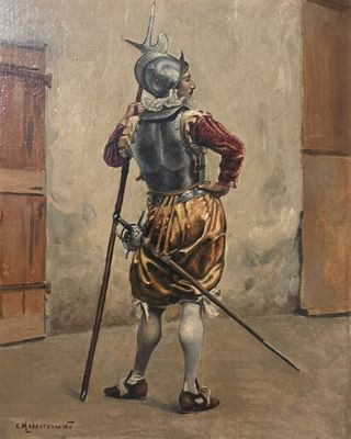tableau représentant un homme en armure, muni d'une épée et d'un bouclier