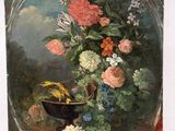 a painting of flowers in a vase on a table