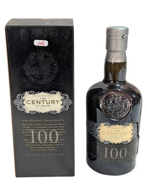 an old bottle of whisky with a box on a white background