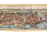 une vieille carte d'une ville avec des bateaux sur l'eau