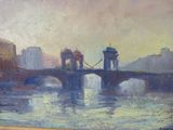 a painting of a painting of a bridge over a body of water