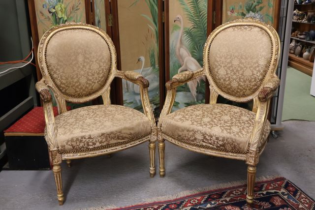 Paire de fauteuils cabriolet de style Louis XVI, dossier médaillo...