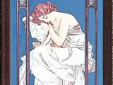 painting of a woman in a white dress sitting on a blue background
