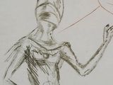 drawing of a woman with a hat on her head holding a kite