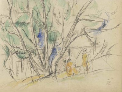 dessin représentant un groupe de personnes dans un parc, avec un arbre