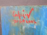 a painting that has been painted with red writing on it
