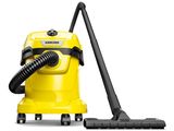 a yellow vacuum cleaner with a black hose on a white background