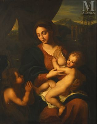 a painting of a woman holding a baby and two children