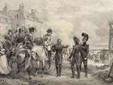a drawing of a group of people riding on horses