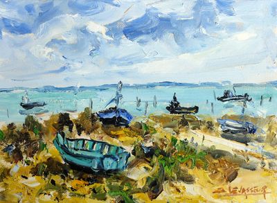 a painting of boats on the beach by the water