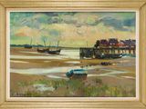 une peinture de bateaux sur la plage au bord de l'eau