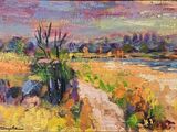une peinture à l'huile représentant un chemin de terre dans un champ, avec une rivière en arrière-plan