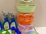 many different types of cleaning supplies on the counter