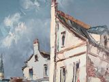 a painting of a building with a clock tower in the background
