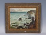 une peinture à l'huile représentant une côte rocheuse avec des vagues se brisant contre les rochers
