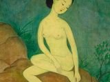 an image of a painting of a woman sitting on a rock next to a man in the water