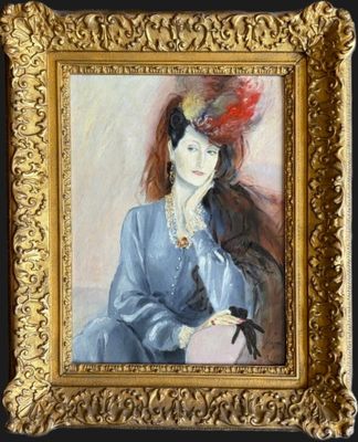 painting of a woman in a blue dress with a red hat and a bird