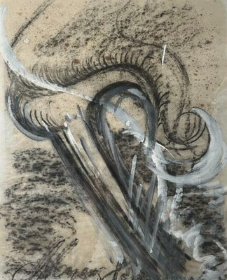 dessin d'une harpe avec une longue corne sur une feuille de papier