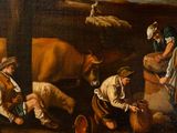 a painting of a group of people tending to a cow