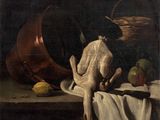 an image of a painting of a turkey on a table with a basket of fruit