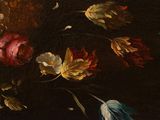 a painting of flowers in a vase on a table