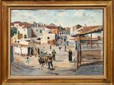 peinture à l'huile d'une scène de village avec une voiture à cheval