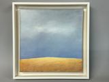 a painting of a field with a blue sky in the background