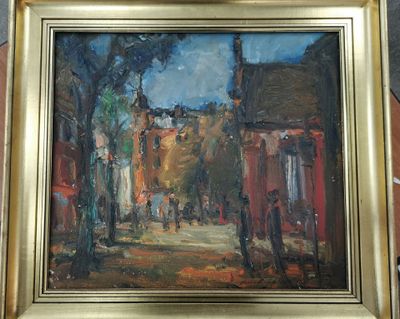 Hans E Sorensen (XXe), Scène de rue animée - H/T signée en b…